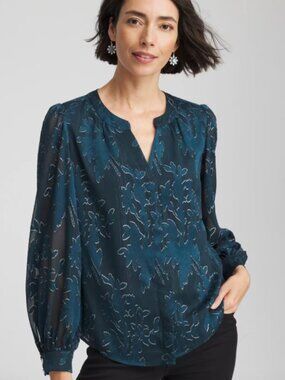 Chico's Novelty Texture Blouse Dark Teal Whimsigoth Fairycore Ethereal Sz L